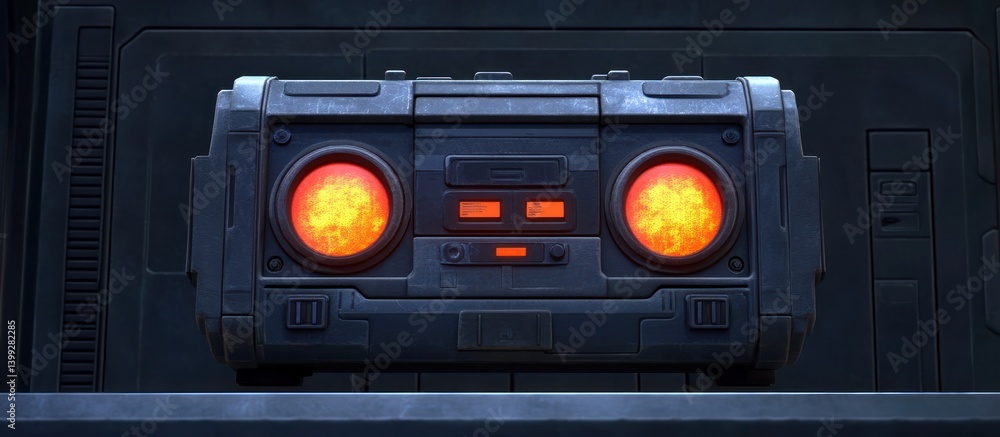 Poster futuristic device with glowing elements on a metallic surface design concept
