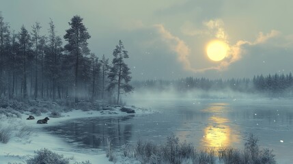 Winter Wonderland: Serene Sunset over Frozen Lake and Snowy Forest