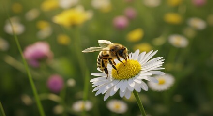 A Honeybee Gathering Nectar on a Daisy in a Sunny Meadow: A Stunning Close-Up of Nature's Harmony