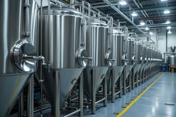 Fototapeta premium Row of stainless steel brewing tanks in a modern brewery.