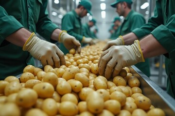 Workers sorting potatoes on a processing conveyor belt.