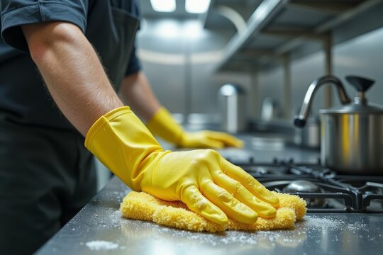 A chef in yellow gloves cleans a commercial kitchen countertop.