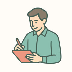Man writing notes with a smile in a light background  