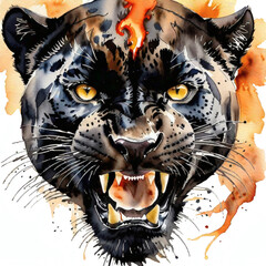  Fierce Black Panther with Fire - Watercolor Animal Art