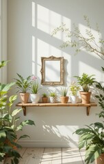 A stylish wall featuring a large, ornate mirror reflecting natural light, surrounded by vibrant green plants in decorative pots, adding a touch of nature and elegance to the space.