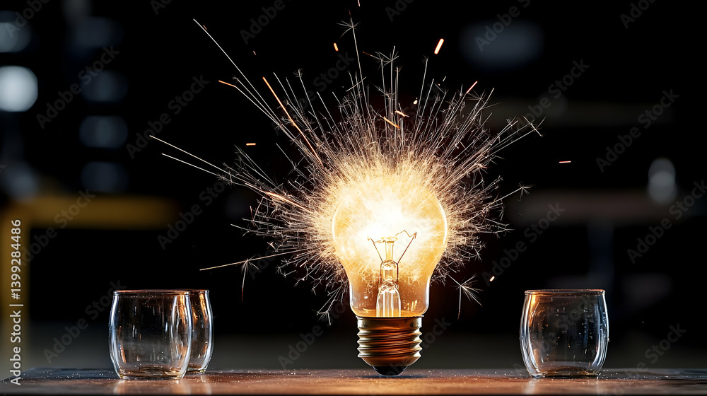 Poster glowing light bulb exploding with sparkles on dark wooden table