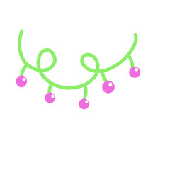 Colorful abstract design featuring green curves and pink circular elements on a white background