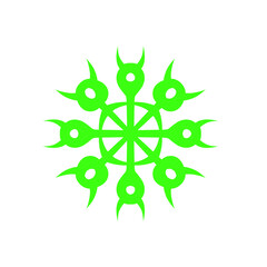 Vibrant green abstract design featuring circular shapes and pointed elements on a white background