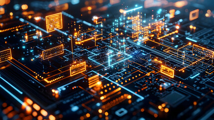 Abstract Circuit Board Design With Glowing Orange And Blue Lights