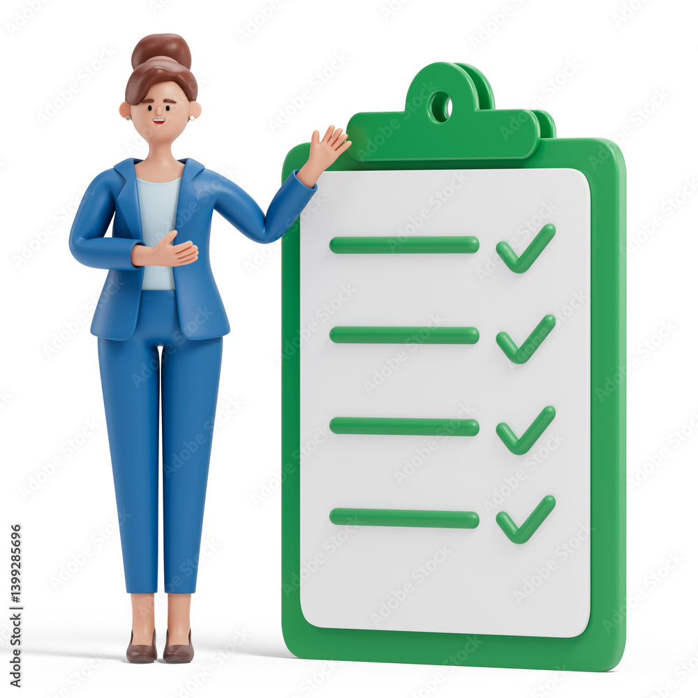 Poster woman presenting checklist with ticks, symbolizing completion of tasks or goals. 3d rendering, conce