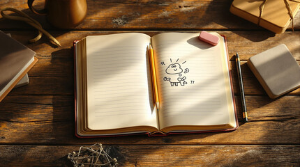 an open lined book centrally placed on a rustic wooden table, showcasing a playful doodle drawing. A pencil and eraser rest casually atop the book, absorbing warm, natural 