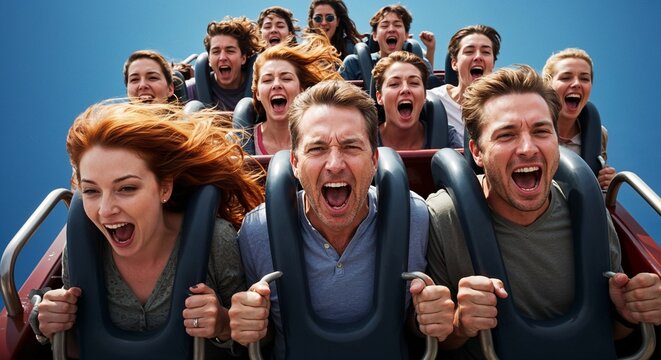 Thrilled riders screaming on a roller coaster against a blue sky  