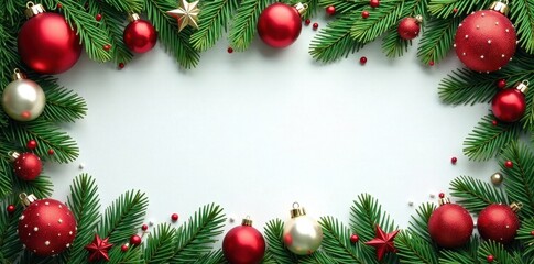 Festive red, green, white ornaments & branches border Christmas frame , garland, seasonal, frame