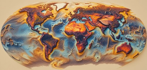 A vibrant painting of Earth showcases a swirling mix of blues, greens, and browns, representing oceans, forests, and landmasses, all set against a deep, starry background.