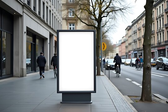 Blank, Vertical Billboard Stands On A Sidewalk In A Busy City, With People Walking And Biking Past, Cars Driving On The Street. Urban Advertising, Outdoor Marketing