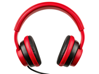 Office equipment setup with cutout background featuring stylish red headphones in a modern workspace