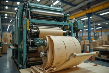 Industrial paper processing machine in a manufacturing facility.