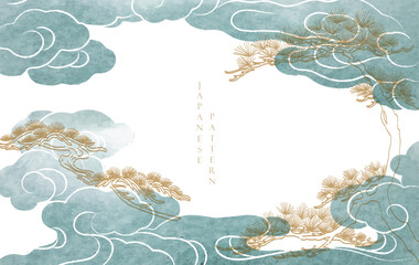 Japanese background with line Chinese cloud and bonsai tree pattern vector. Abstract template with geometric wave pattern. Cloud layout design in oriental style