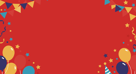 Birthday background red. Colorful balloons, stars, and bunting flags on a vibrant red backdrop create a festive and lively design perfect for joyful celebrations. Wallpaper illustration design.