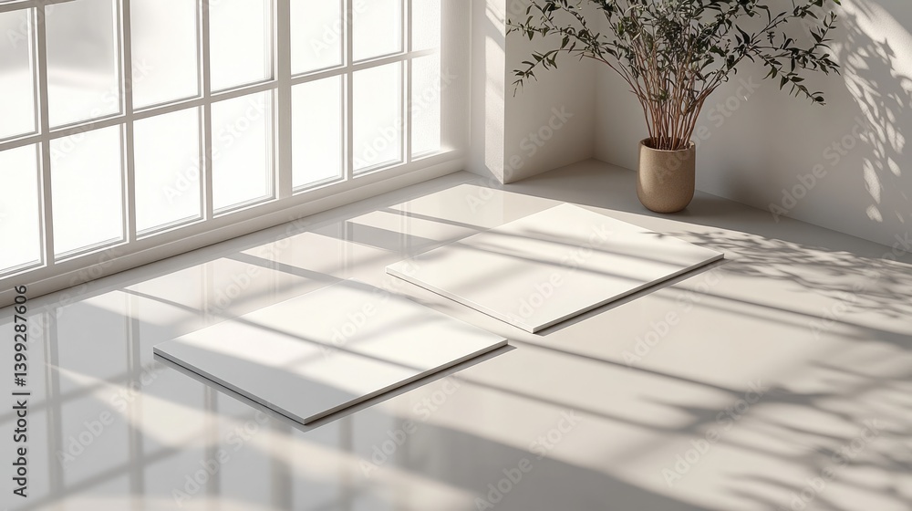 Poster two blank white rectangular blocks rest on a textured platform for product displays, minimalist desi