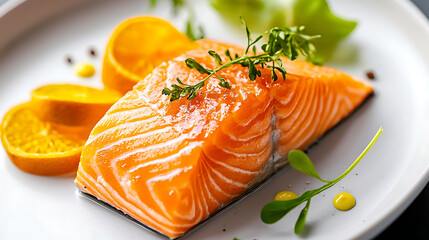 Savoring fresh salmon dish with citrus garnish elegant dining table food photography indoor setting close-up view