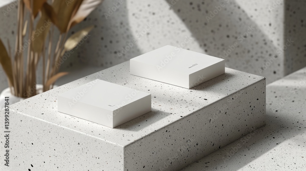 Poster two blank white rectangular blocks rest on a textured platform for product displays, minimalist desi