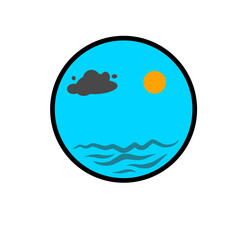 A vibrant circular illustration depicting a sunny day with clouds and waves in a serene ocean view