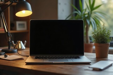 Fototapeta premium A laptop computer on a wooden desk in a home office setting.