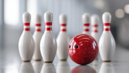 Naklejka premium Red bowling ball poised to strike white pins in a bowling alley.