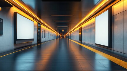 long empty corridor stretches into the distance,and on the opposite walls are two mockups of empty white rectangular billboards for advertising layouts in public spaces,for architectural design blogs