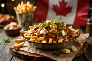 Delicious authentic Canadian poutine feast featuring crispy golden french fries generously smothered in rich brown gravy and squeaky cheese curds garnished with fresh parsley served in a bowl on a rus