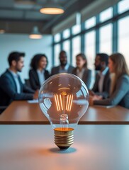 Creative lightbulb symbolizing innovation in front of business team discussing ideas in modern office

