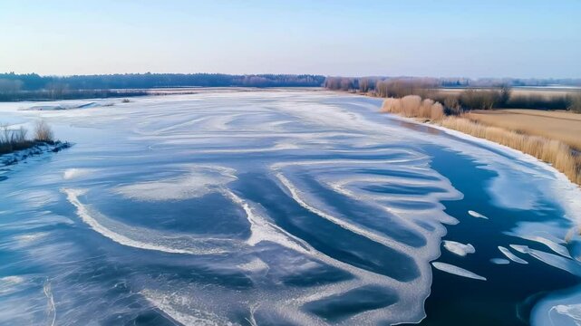 A serene winter landscape featuring a frozen river with intricate ice patterns and patches of snow along the banks.