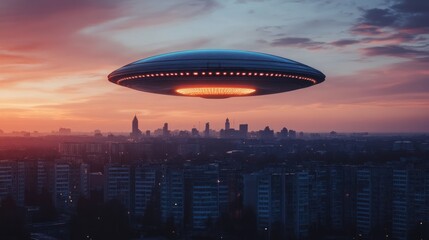 Fototapeta premium Unidentified aerial object hovering over the cityscape at twilight hour