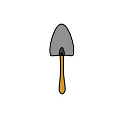 Cartoon illustration of a shovel with a gray blade and wooden handle against a plain background