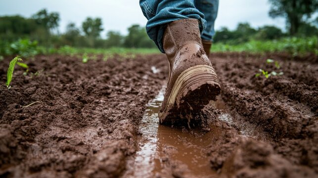 Farmer walking muddy field path, cloudy day