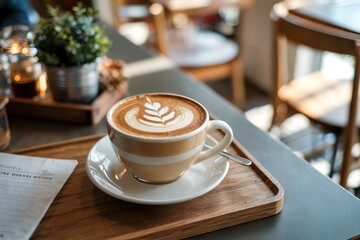  Freshly brewed cappuccino or latte with intricate rosetta latte art served in a ceramic cup on a wooden tray at a modern coffee shop counter in bright daylight