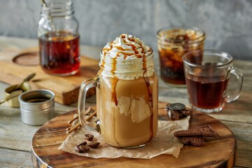  Indulgent iced coffee drink topped generously with whipped cream and caramel sauce served in a mason jar mug on a rustic wooden slice with coffee beans and syrup