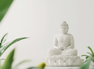 Meditating Figure on Lotus Sculpture with Greenery
