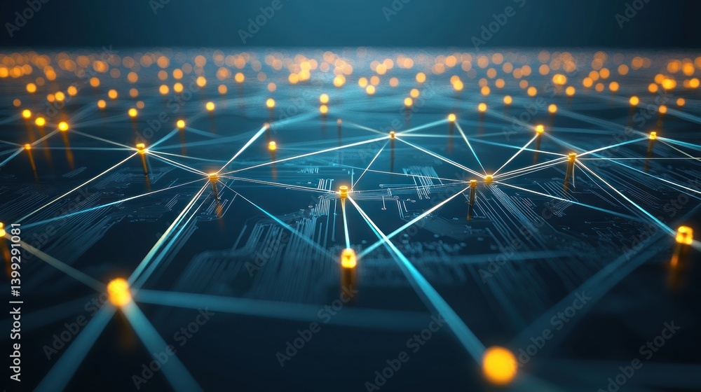 Poster a complex network of interconnected nodes and pathways, illustrating digital connectivity.