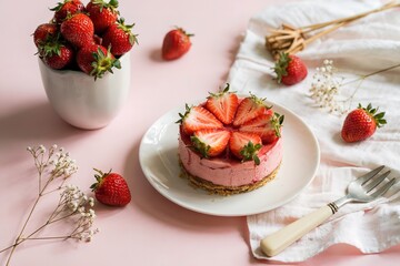 Delicate individual no bake strawberry mousse cake elegantly topped with fresh sliced strawberries arranged on a biscuit crust served on a white plate over a pastel pink background with a cup of berri