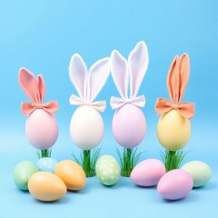 Decorative vertical Easter eggs in pastel shades and bunny ears arranged on a blue background AI