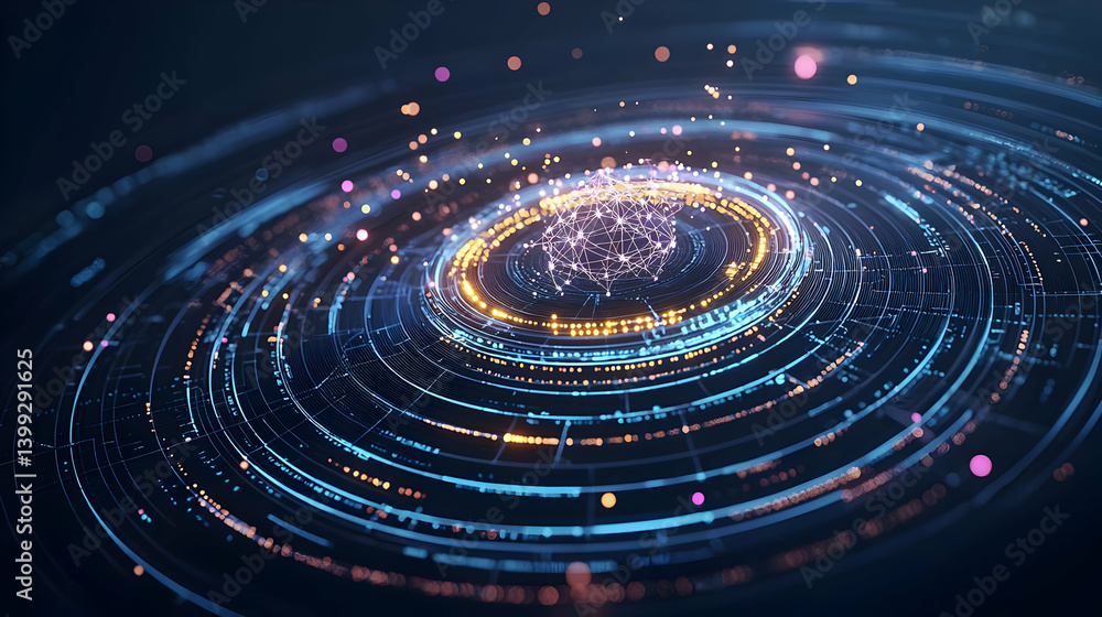 Poster abstract futuristic digital design with circular patterns and glowing lines