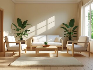 Fototapeta premium Bright minimalist living room with wooden furniture, indoor plants, and natural sunlight through large windows