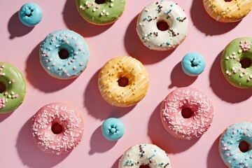 Obraz premium Flat lay top view of assorted colorful glazed donuts with sprinkles arranged in a fun pattern on a bright pink background with hard shadows
