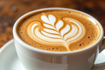 A close-up view of a latte art design on a cup of coffee.