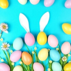 Decorative vertical Easter eggs in pastel shades and bunny ears arranged on a blue background AI