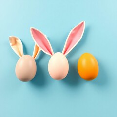 Decorative vertical Easter eggs in pastel shades and bunny ears arranged on a blue background AI
