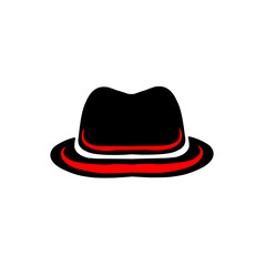 Stylish black and red fedora hat placed on a flat surface with a neutral background, ideal for fashion