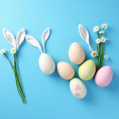 Decorative vertical Easter eggs in pastel shades and bunny ears arranged on a blue background AI